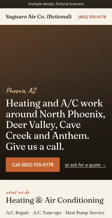 Mobile screenshot of the example design for Saguaro Air Co., a fictional business