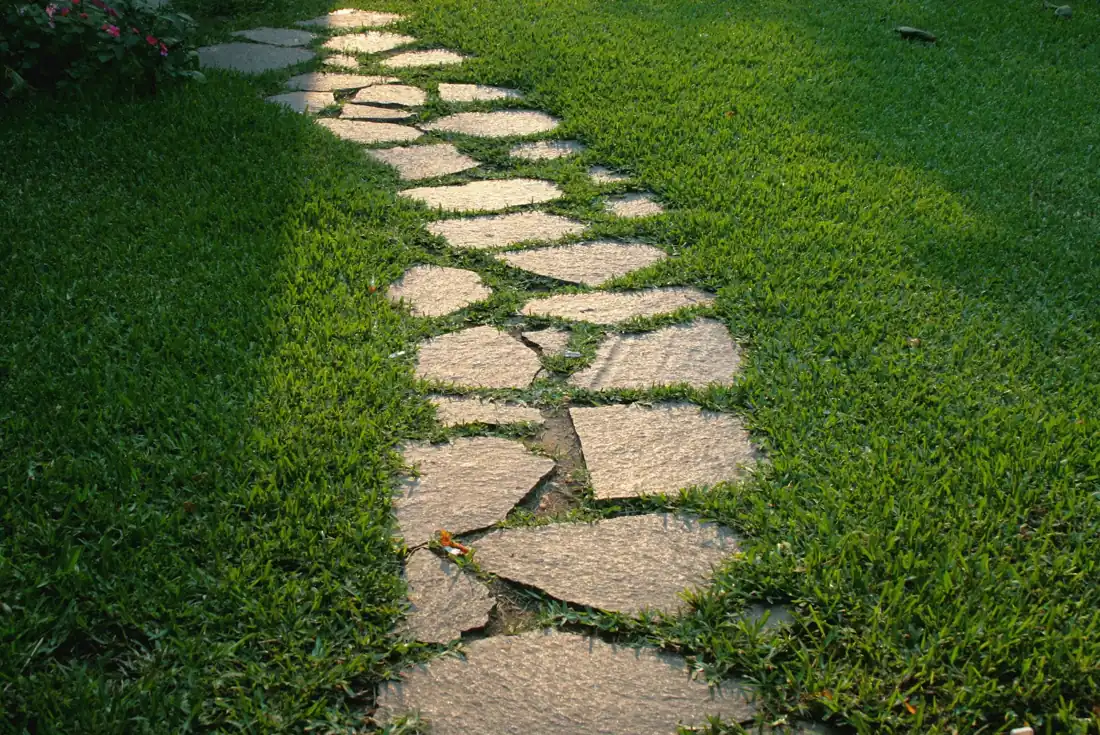 A stone path across a green lawn